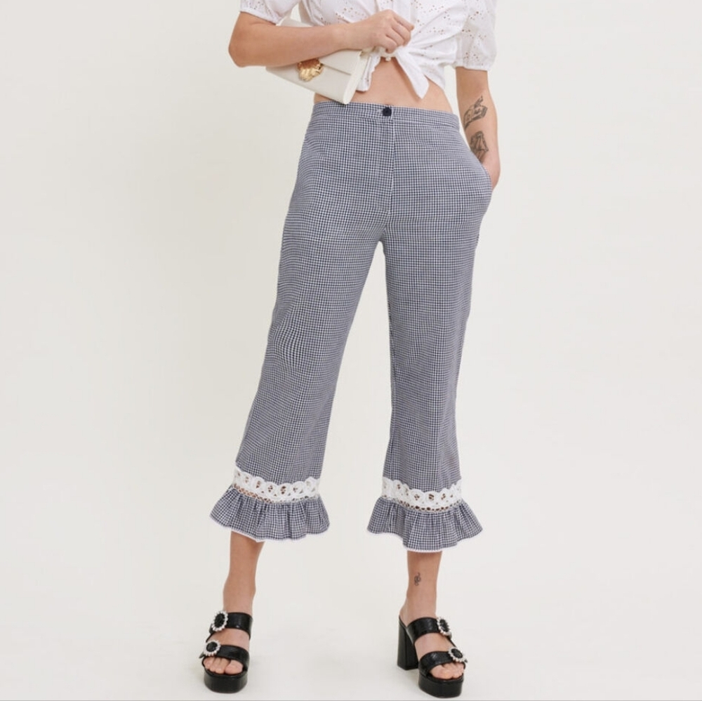 Maje Navy & White Gingham Ruffle-Hem Cropped Pants